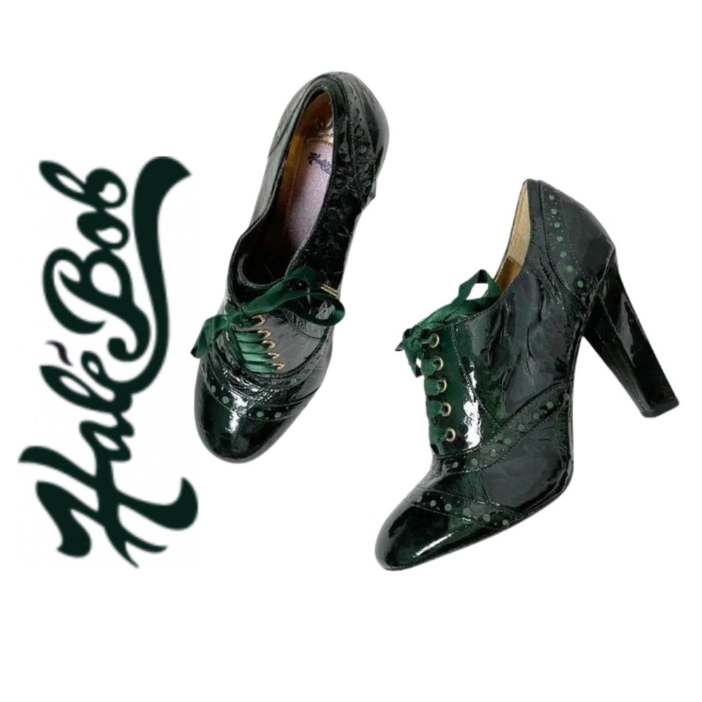 NEW Hale Bob Dark Green Leather Heeled Oxford Shoes // Size 7.5 M